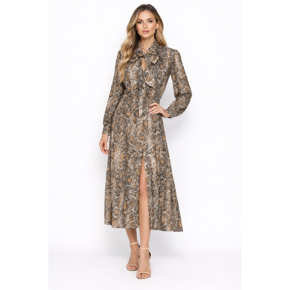 ZARA Snake Print Tie Neck Long Sleeve Tiered Midi Dress‎ Women L Preppy 101-41